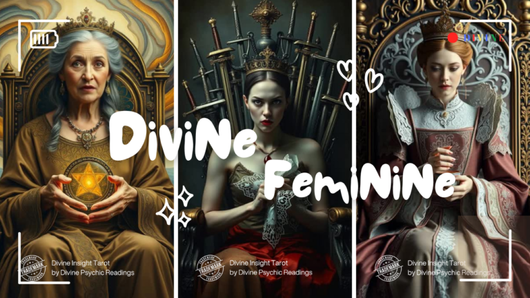 Three mystical women adorned in flowing robes and crowns, seated at a table with tarot cards and crystals, embodying the Divine Feminine energy of intuition and wisdom.